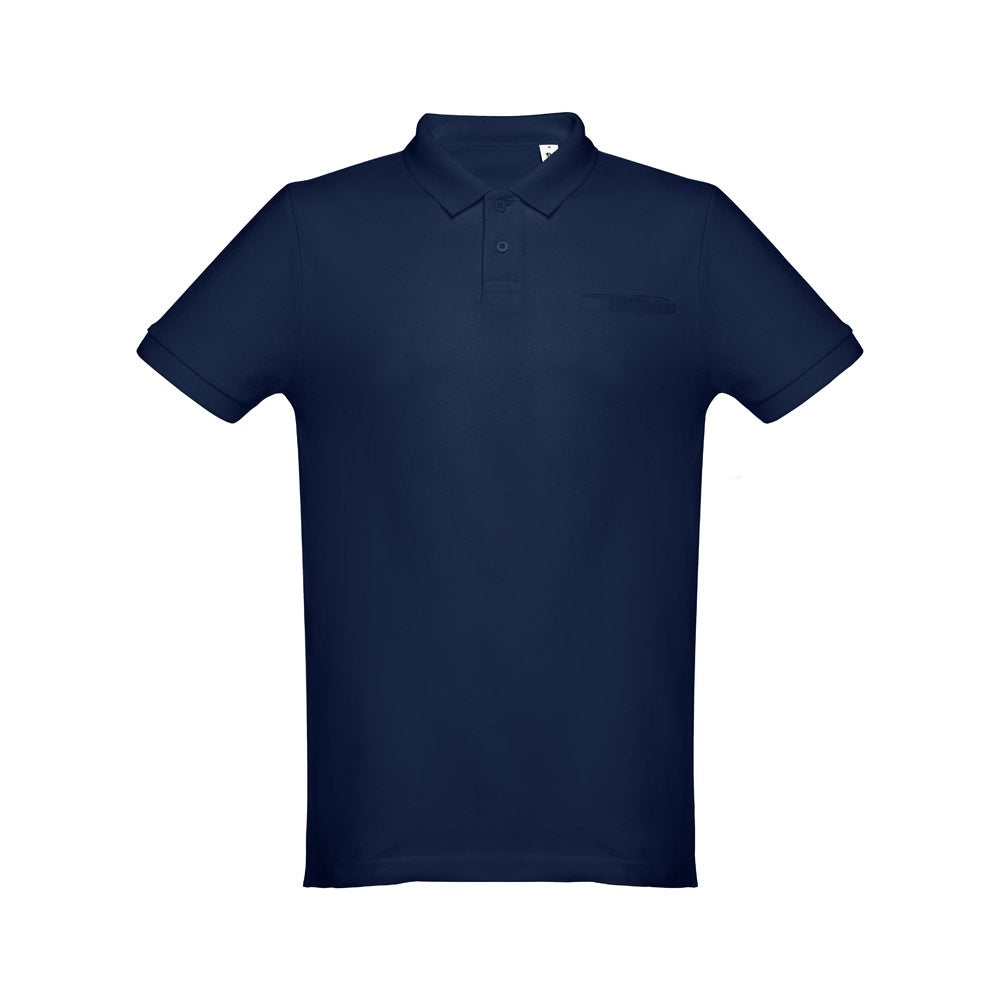 THC DHAKA promotional polo shirt in blue with custom logo branding