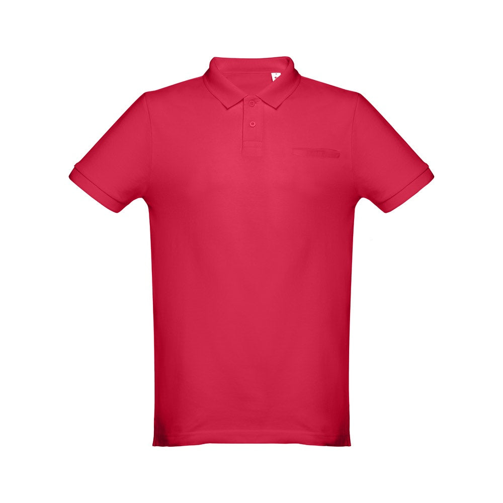 THC DHAKA promotional polo shirt in red (detail view) with custom logo branding