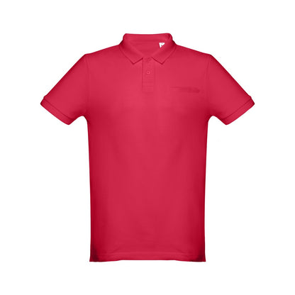 THC DHAKA promotional polo shirt in red (detail view) with custom logo branding
