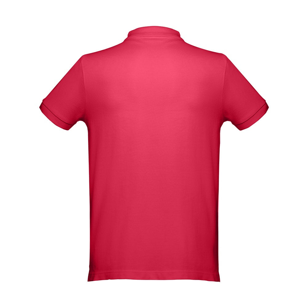 THC DHAKA promotional polo shirt in red (detail view) with custom logo branding