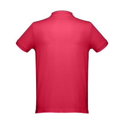 THC DHAKA promotional polo shirt in red (detail view) with custom logo branding