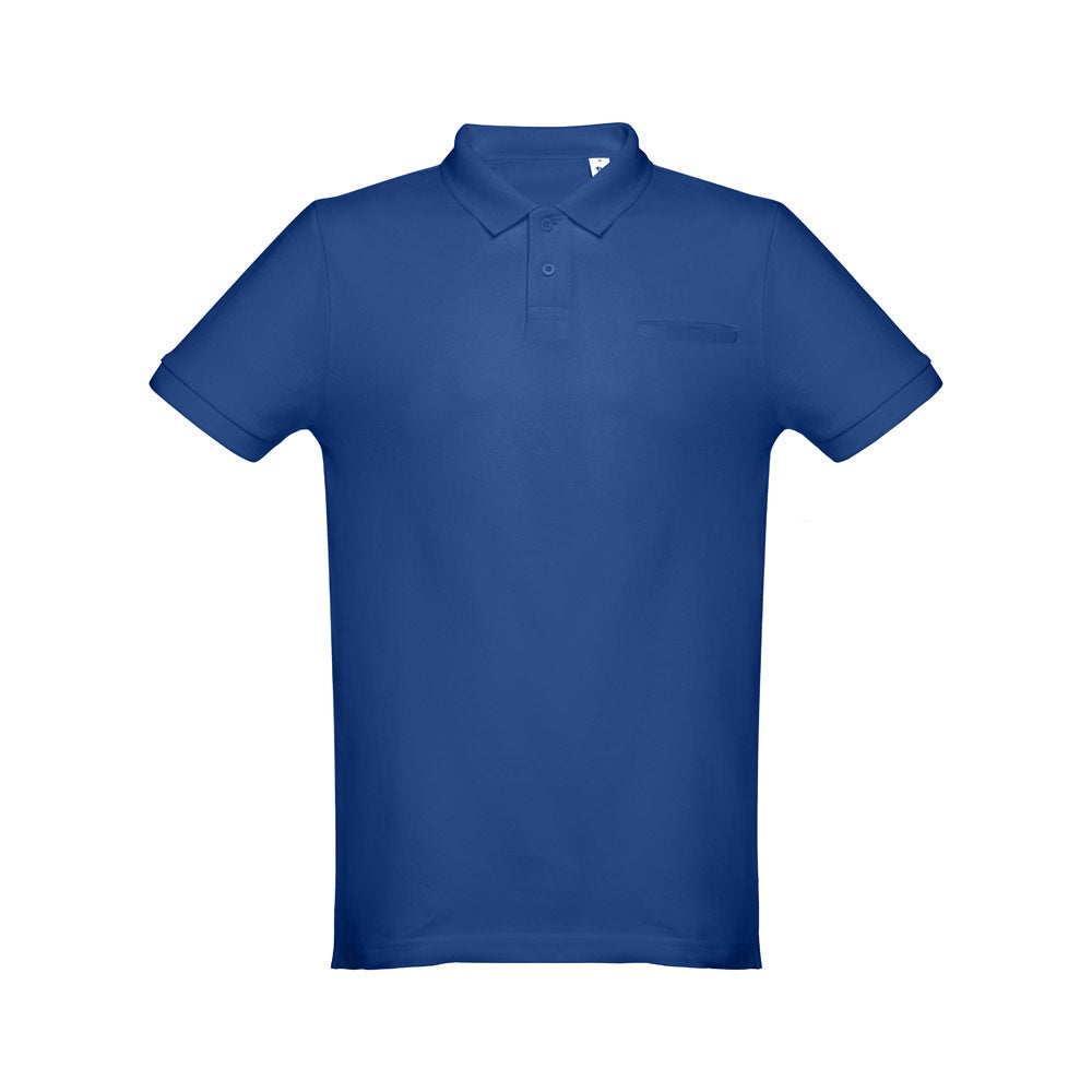 THC DHAKA promotional polo shirt in royal blue (detail view) with custom logo branding