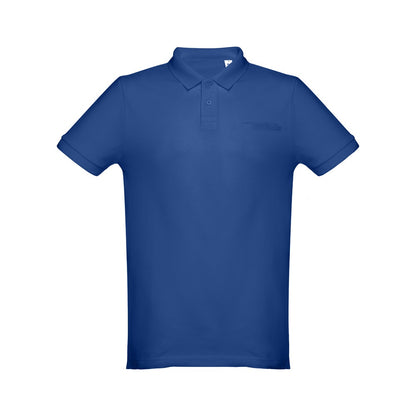 THC DHAKA promotional polo shirt in royal blue (detail view) with custom logo branding