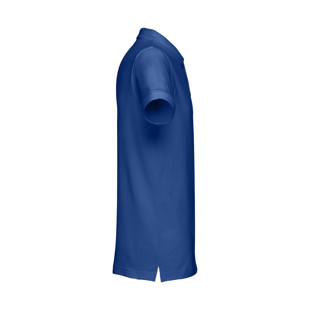 THC DHAKA promotional polo shirt in royal blue (detail view) with custom logo branding
