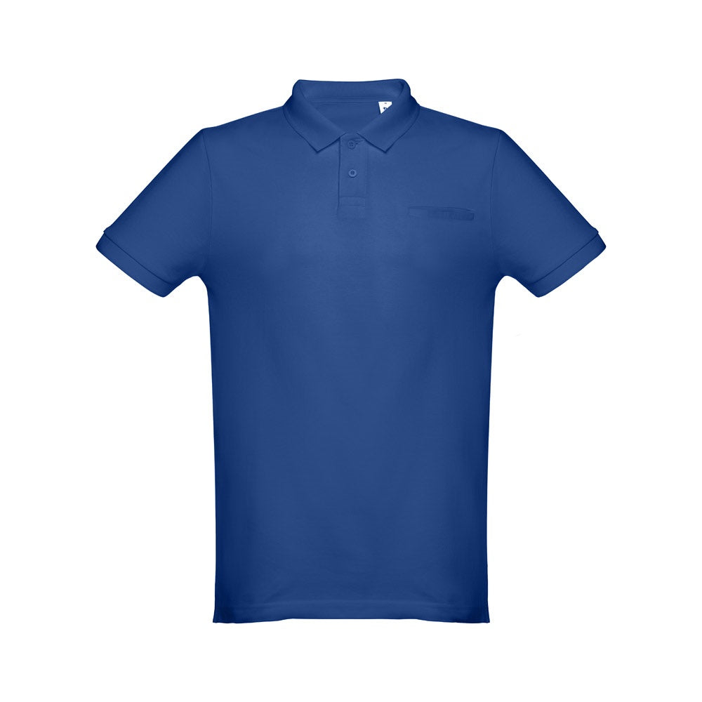 THC DHAKA promotional polo shirt in royal blue with custom logo branding