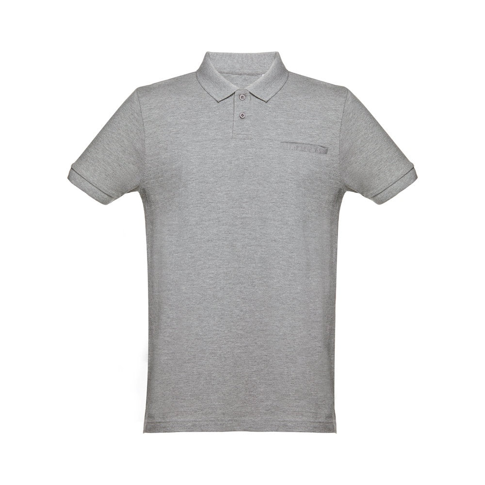 THC DHAKA promotional polo shirt in heather light grey (detail view) with custom logo branding
