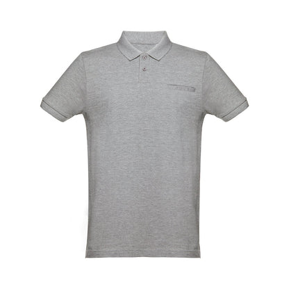 THC DHAKA promotional polo shirt in heather light grey (detail view) with custom logo branding