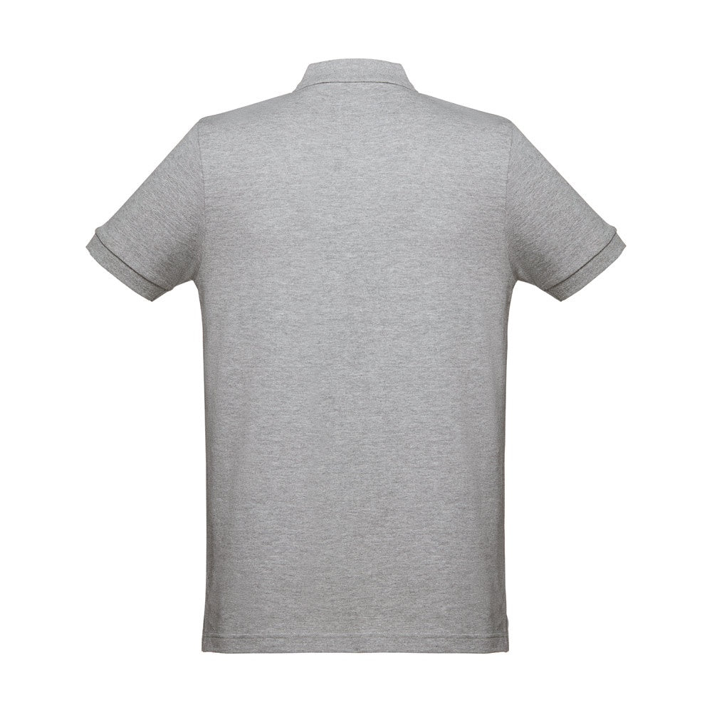 THC DHAKA promotional polo shirt in heather light grey (detail view) with custom logo branding