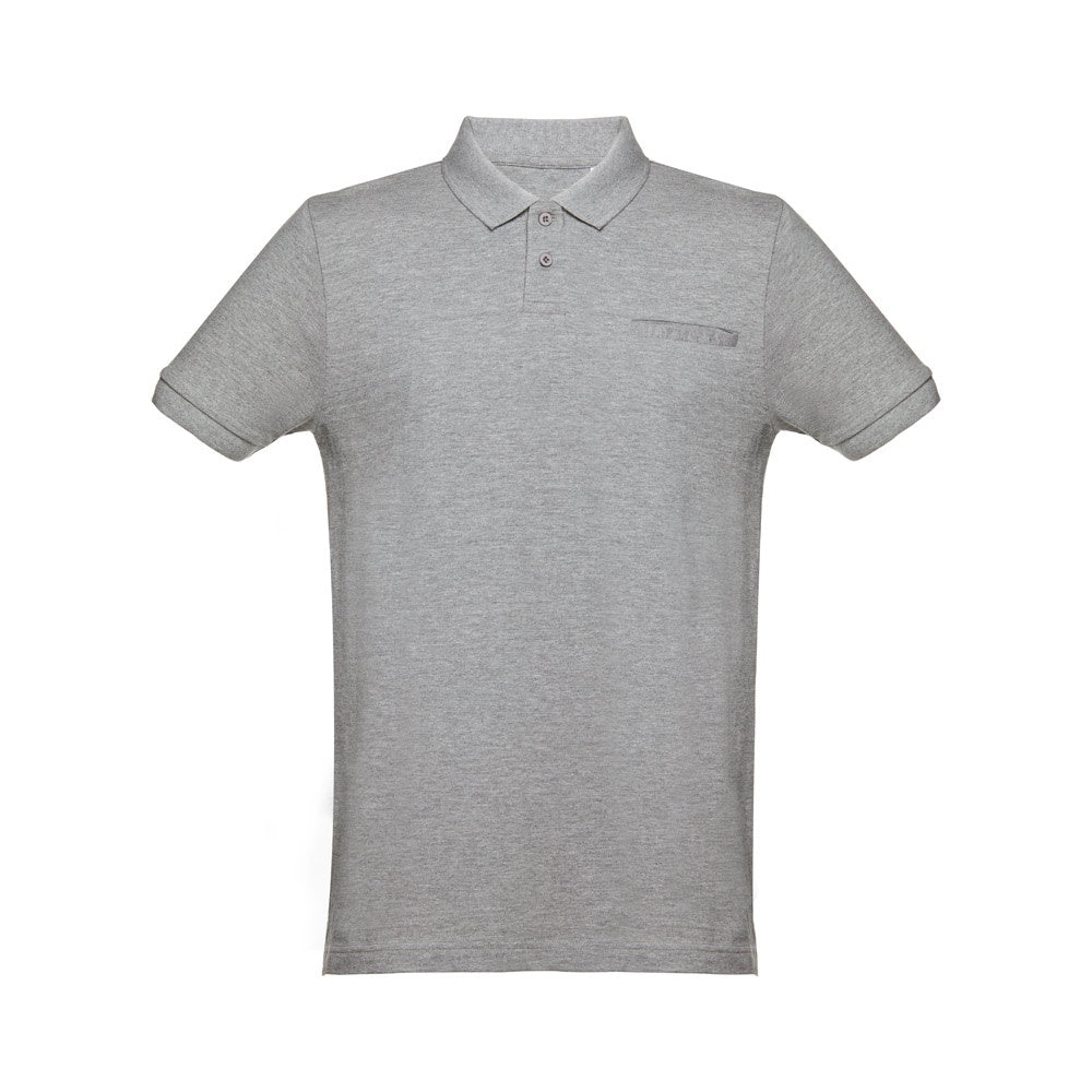 THC DHAKA promotional polo shirt in heather light grey with custom logo branding