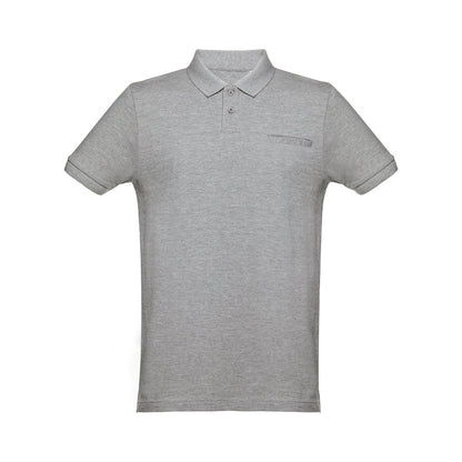 THC DHAKA promotional polo shirt in heather light grey with custom logo branding