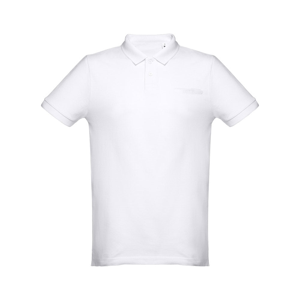 THC DHAKA WH promotional polo shirt in white (detail view) with custom logo branding
