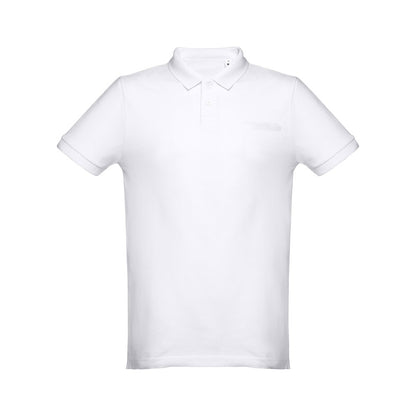 THC DHAKA WH promotional polo shirt in white (detail view) with custom logo branding