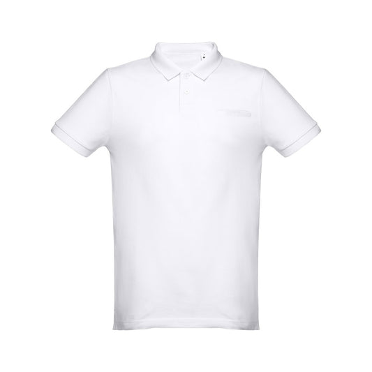 THC DHAKA WH promotional polo shirt in white (detail view) with custom logo branding