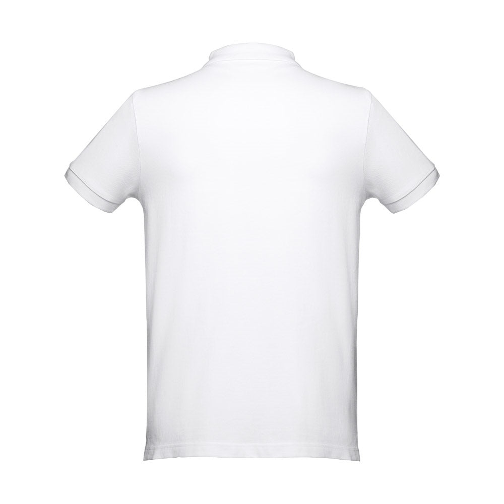 THC DHAKA WH promotional polo shirt in white (detail view) with custom logo branding