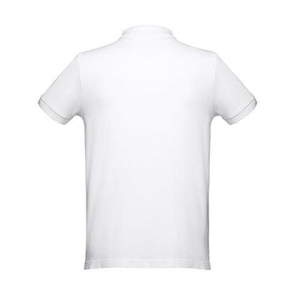 THC DHAKA WH promotional polo shirt in white (detail view) with custom logo branding