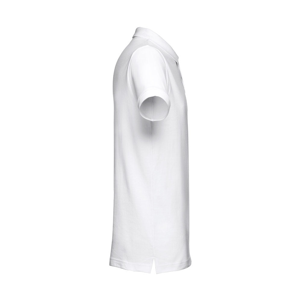 THC DHAKA WH promotional polo shirt in white (detail view) with custom logo branding