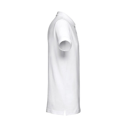 THC DHAKA WH promotional polo shirt in white (detail view) with custom logo branding