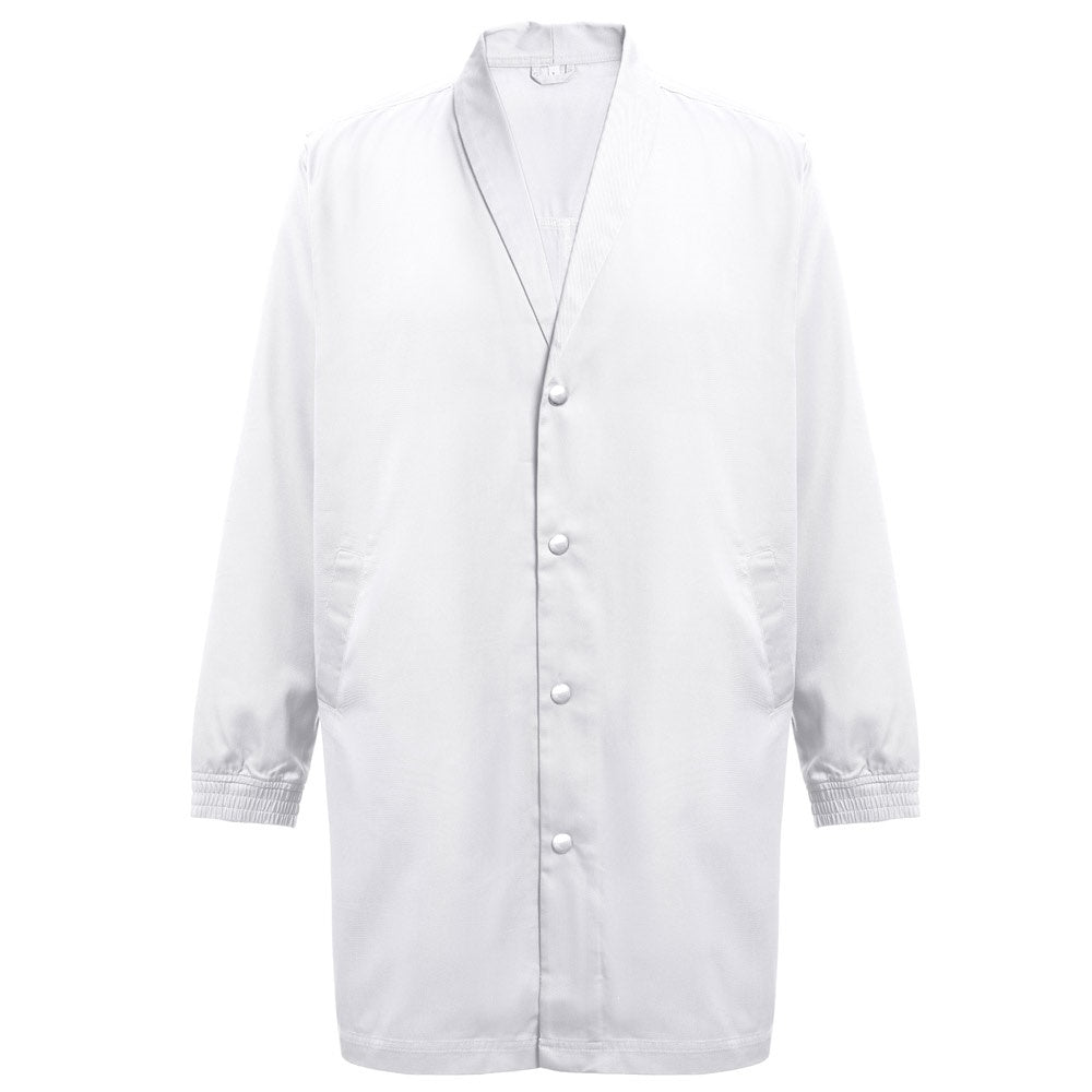 THC MINSK WH promotional workwear garment in white (detail view) with custom logo branding