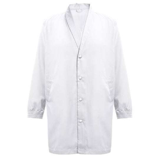 THC MINSK WH promotional workwear garment in white (detail view) with custom logo branding