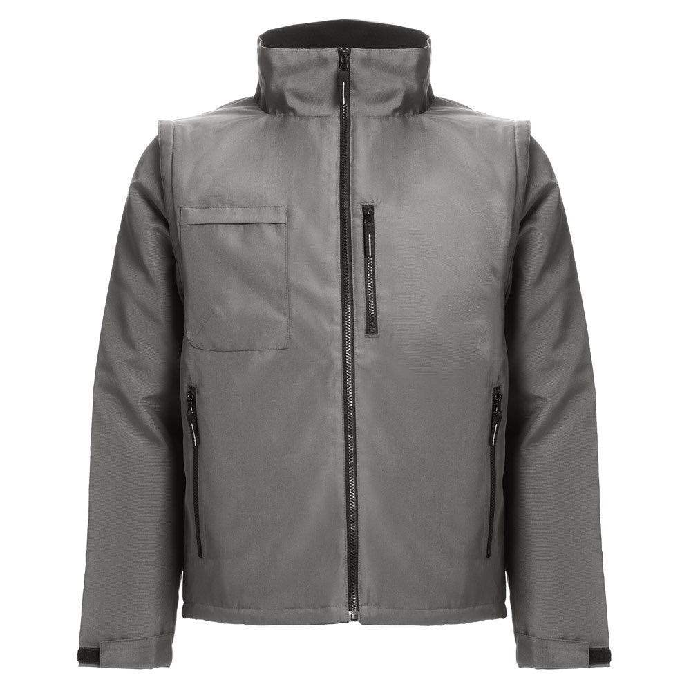 THC ASTANA promotional jacket in grey (detail view) with custom logo branding