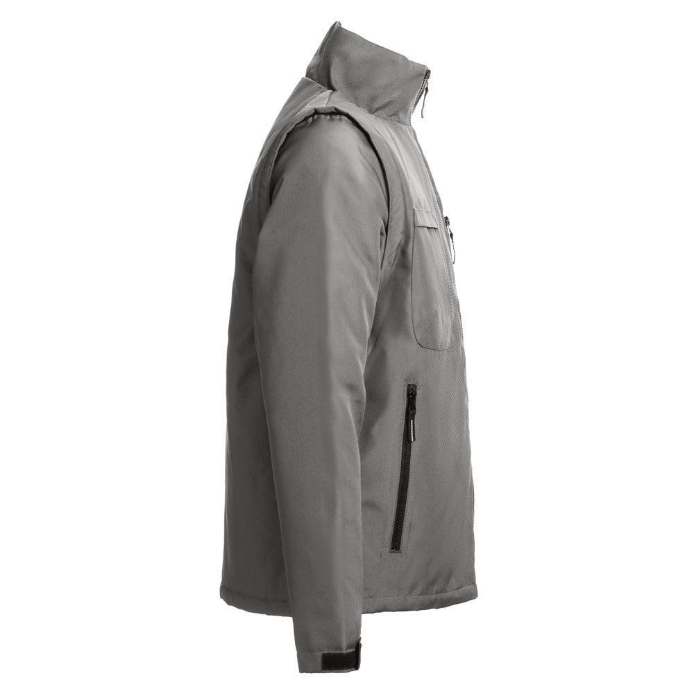 THC ASTANA promotional jacket in grey (detail view) with custom logo branding