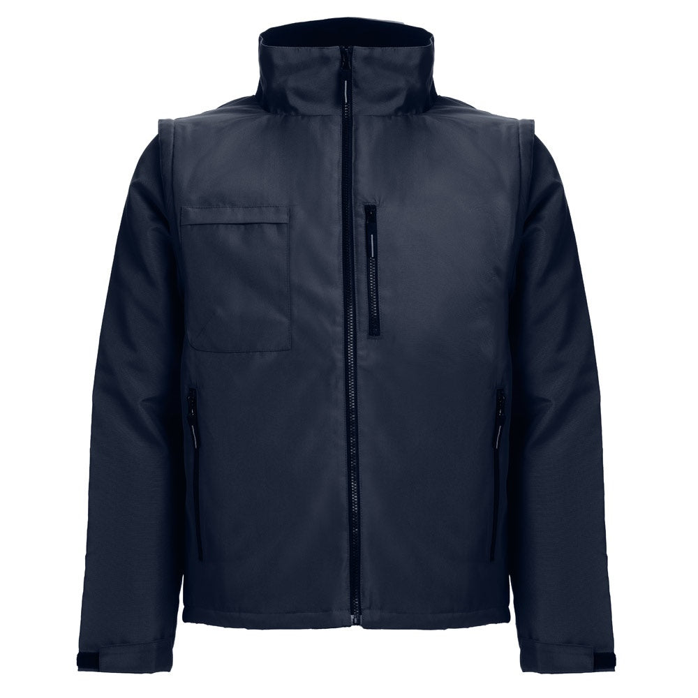 THC ASTANA promotional jacket in navy blue (detail view) with custom logo branding