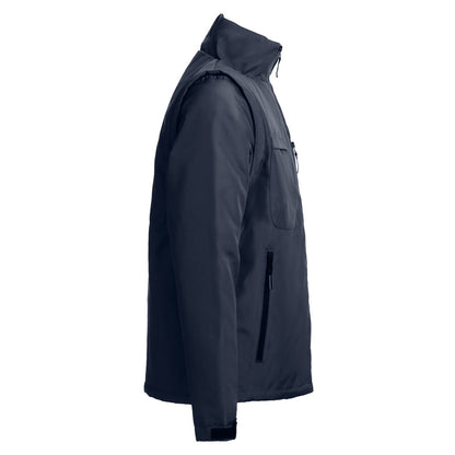 THC ASTANA promotional jacket in navy blue (detail view) with custom logo branding