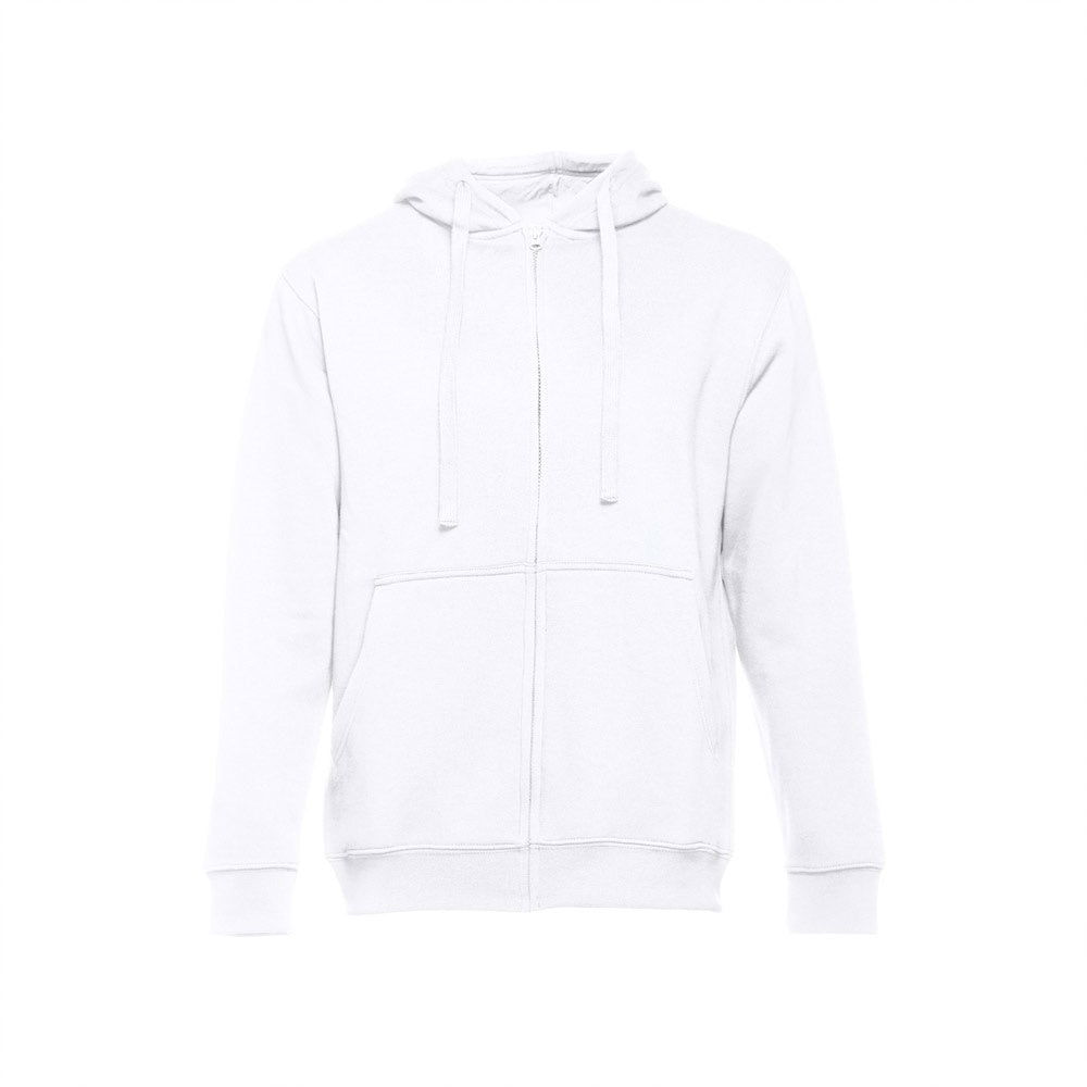 THC AMSTERDAM WH promotional hoodie in white (detail view) with custom logo branding