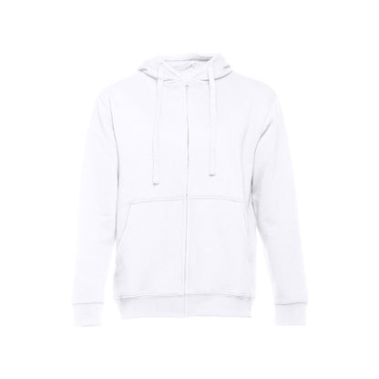 THC AMSTERDAM WH promotional hoodie in white (detail view) with custom logo branding