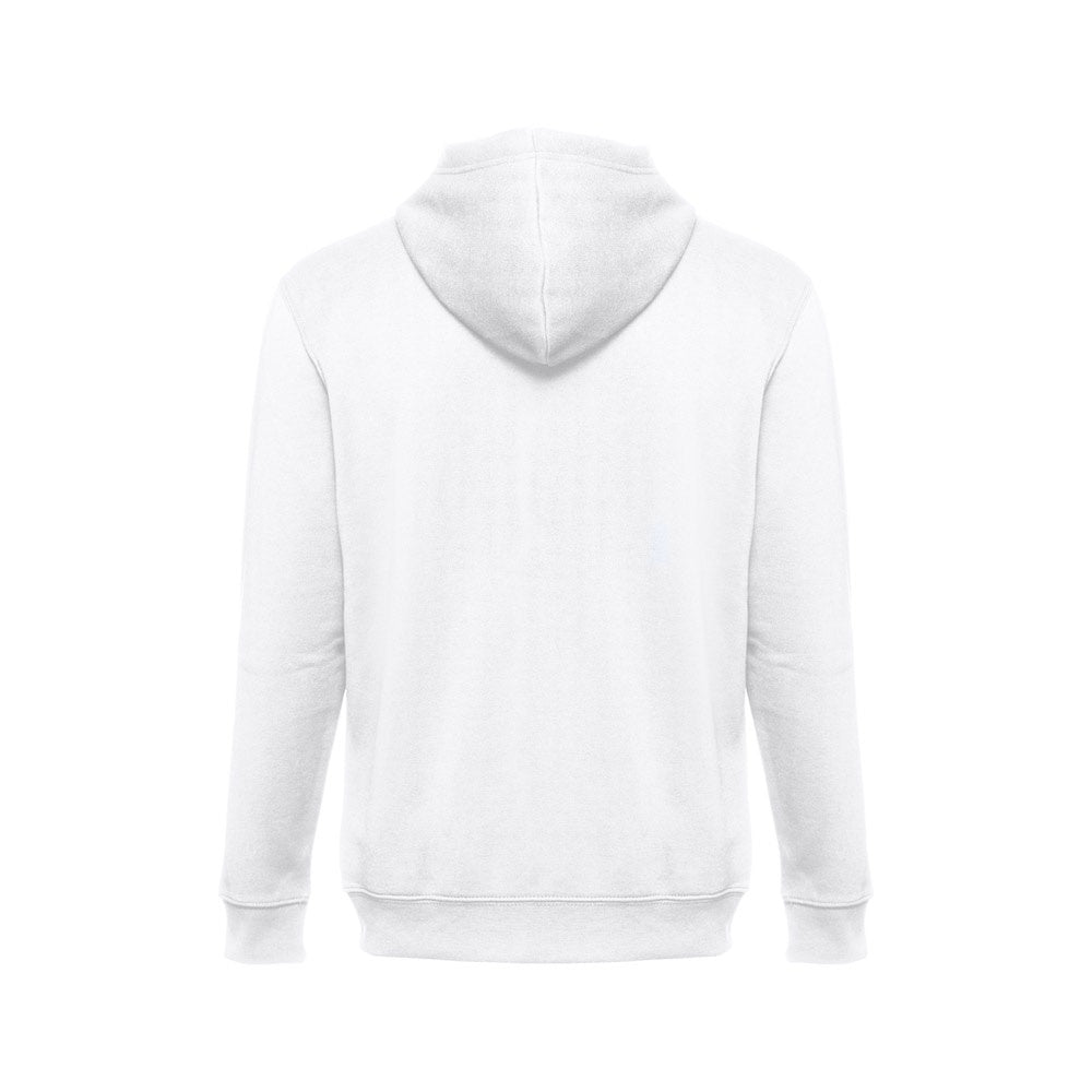 THC AMSTERDAM WH promotional hoodie in white (detail view) with custom logo branding