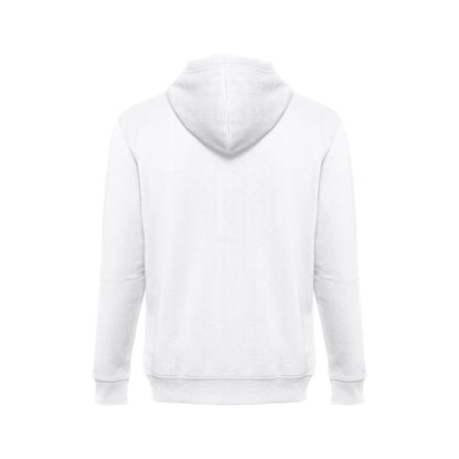 THC AMSTERDAM WH promotional hoodie in white (detail view) with custom logo branding