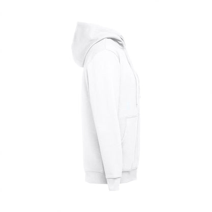 THC AMSTERDAM WH promotional hoodie in white (detail view) with custom logo branding