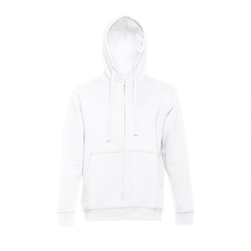 THC AMSTERDAM WH promotional hoodie in white (detail view) with custom logo branding