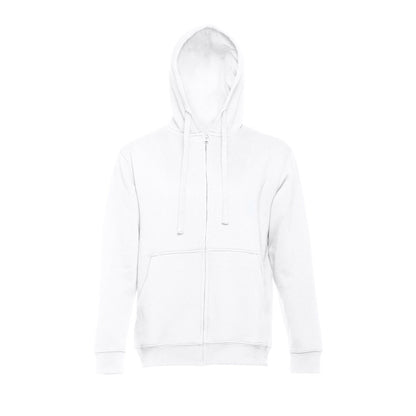 THC AMSTERDAM WH promotional hoodie in white (detail view) with custom logo branding