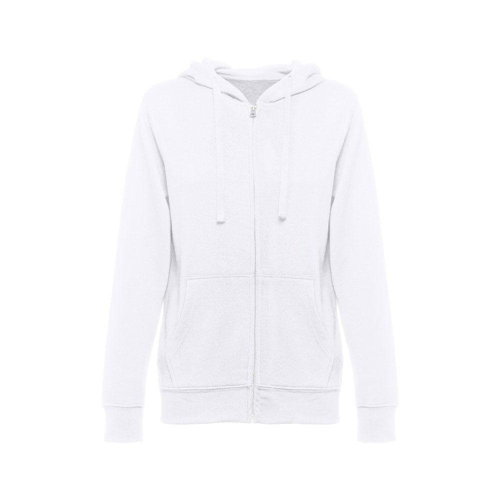 THC AMSTERDAM WOMEN WH promotional hoodie in white (detail view) with custom logo branding