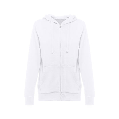 THC AMSTERDAM WOMEN WH promotional hoodie in white (detail view) with custom logo branding