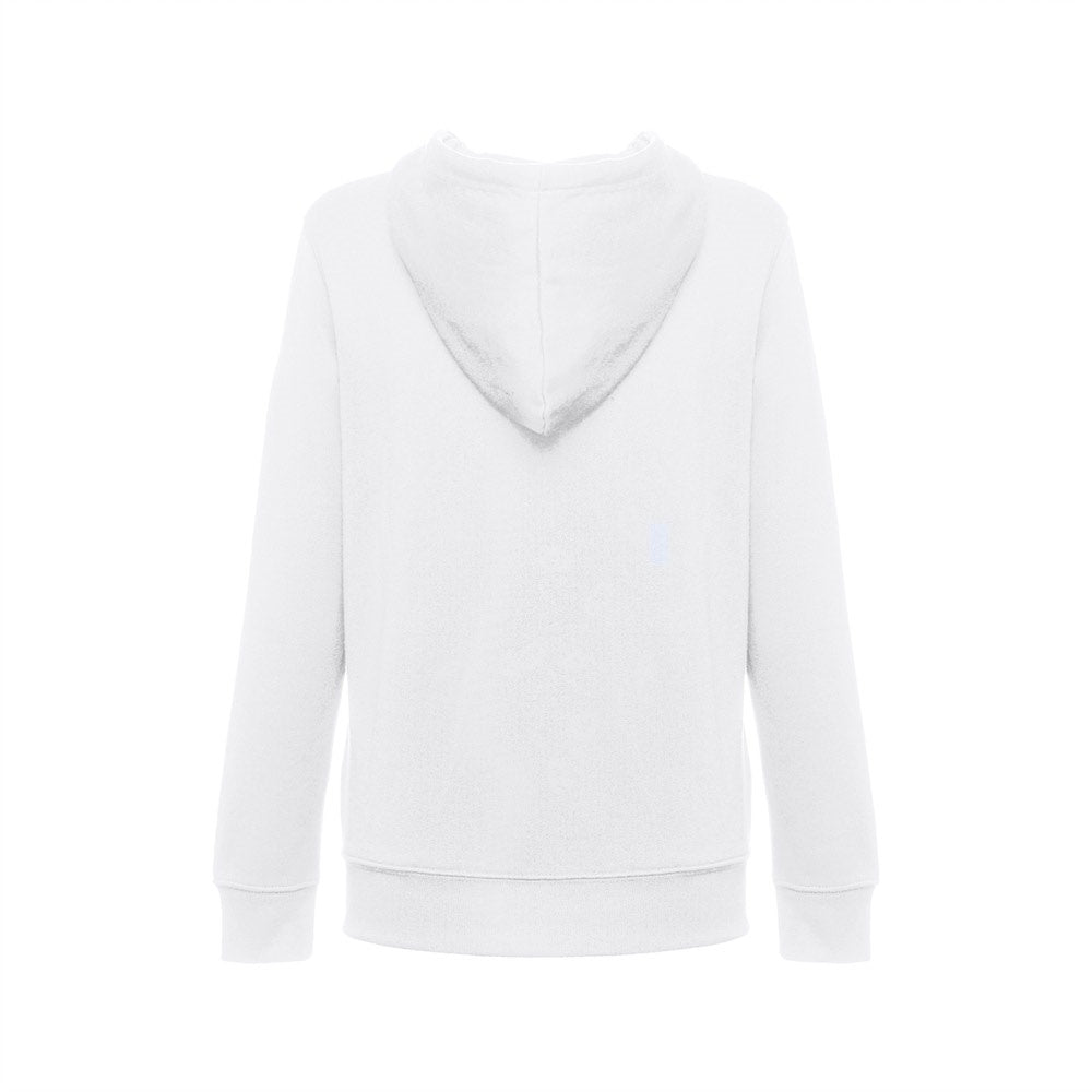THC AMSTERDAM WOMEN WH promotional hoodie in white (detail view) with custom logo branding