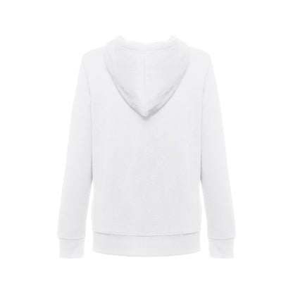THC AMSTERDAM WOMEN WH promotional hoodie in white (detail view) with custom logo branding
