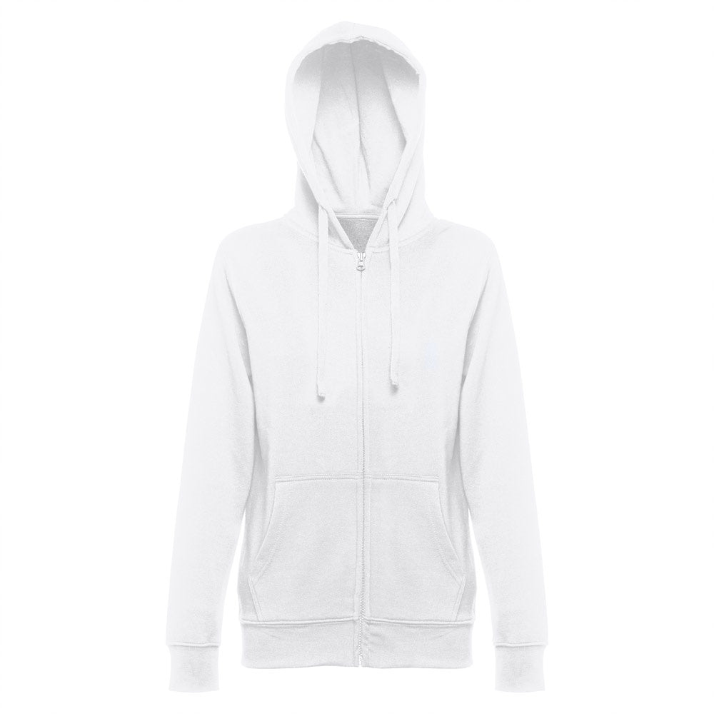 THC AMSTERDAM WOMEN WH promotional hoodie in white (detail view) with custom logo branding