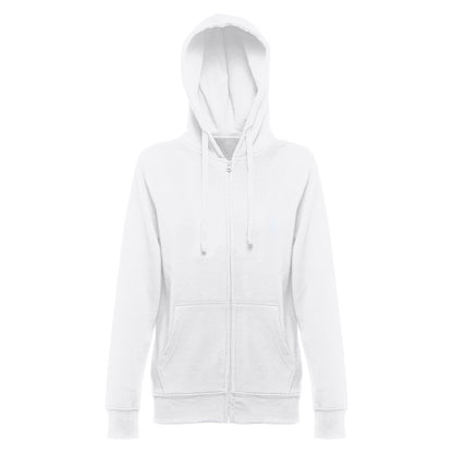 THC AMSTERDAM WOMEN WH promotional hoodie in white (detail view) with custom logo branding