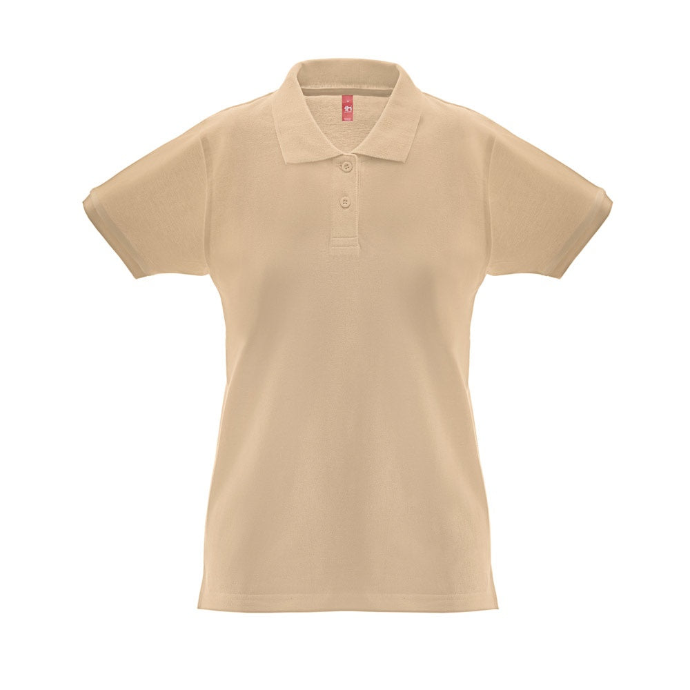 THC MONACO WOMEN promotional polo shirt in light brown (detail view) with custom logo branding