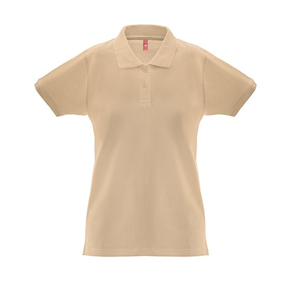 THC MONACO WOMEN promotional polo shirt in light brown (detail view) with custom logo branding
