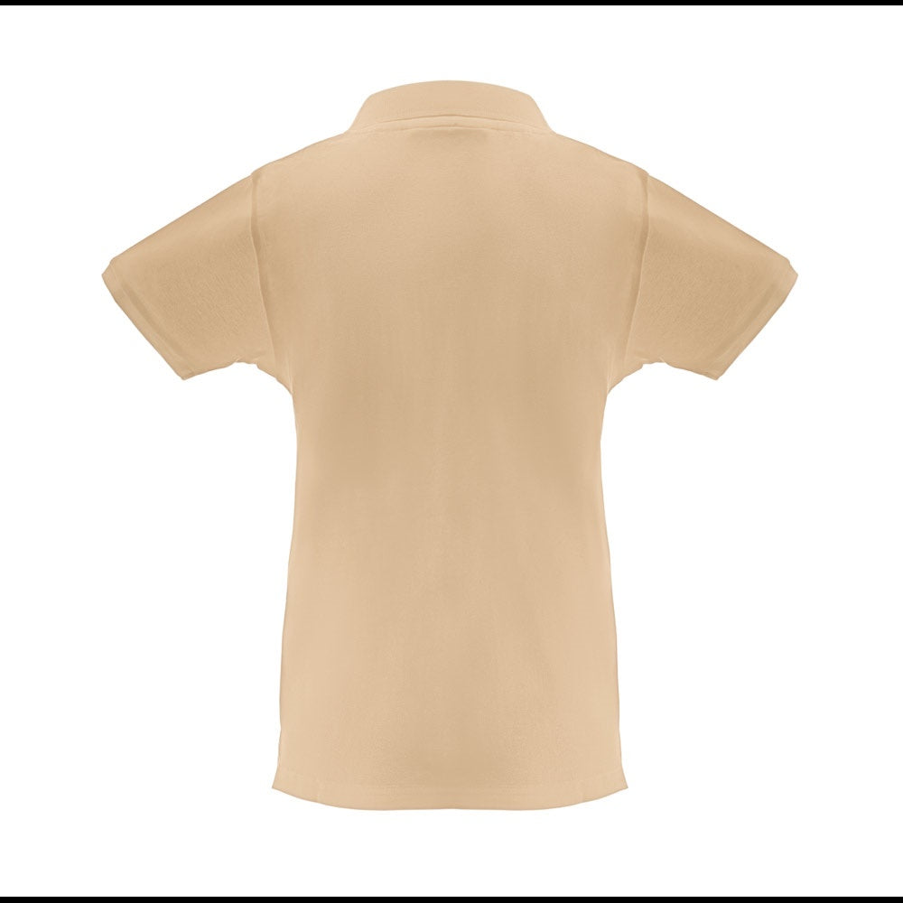 THC MONACO WOMEN promotional polo shirt in light brown (detail view) with custom logo branding