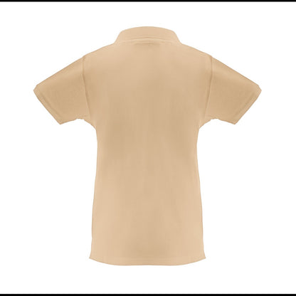 THC MONACO WOMEN promotional polo shirt in light brown (detail view) with custom logo branding
