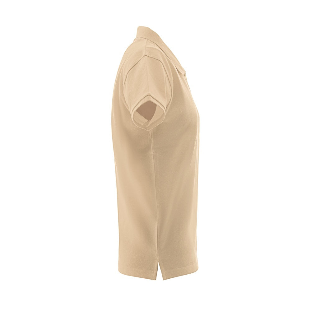 THC MONACO WOMEN promotional polo shirt in light brown (detail view) with custom logo branding