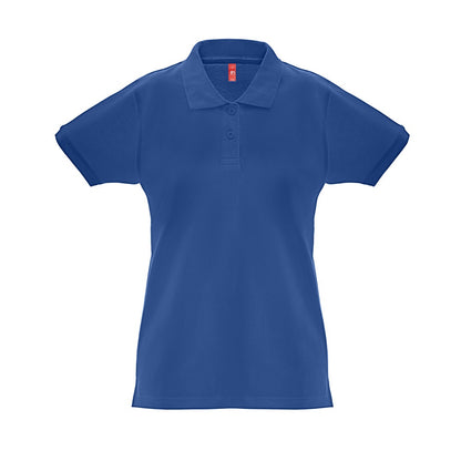 THC MONACO WOMEN promotional polo shirt in royal blue (detail view) with custom logo branding