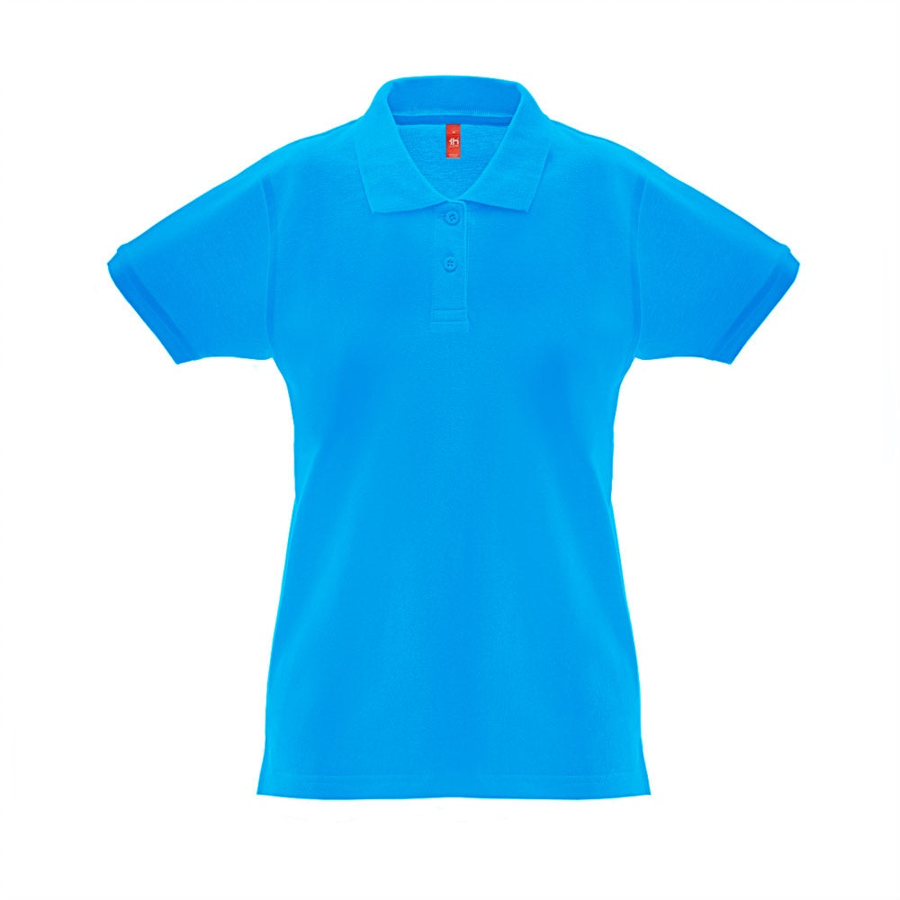 THC MONACO WOMEN promotional polo shirt in acqua blue (detail view) with custom logo branding