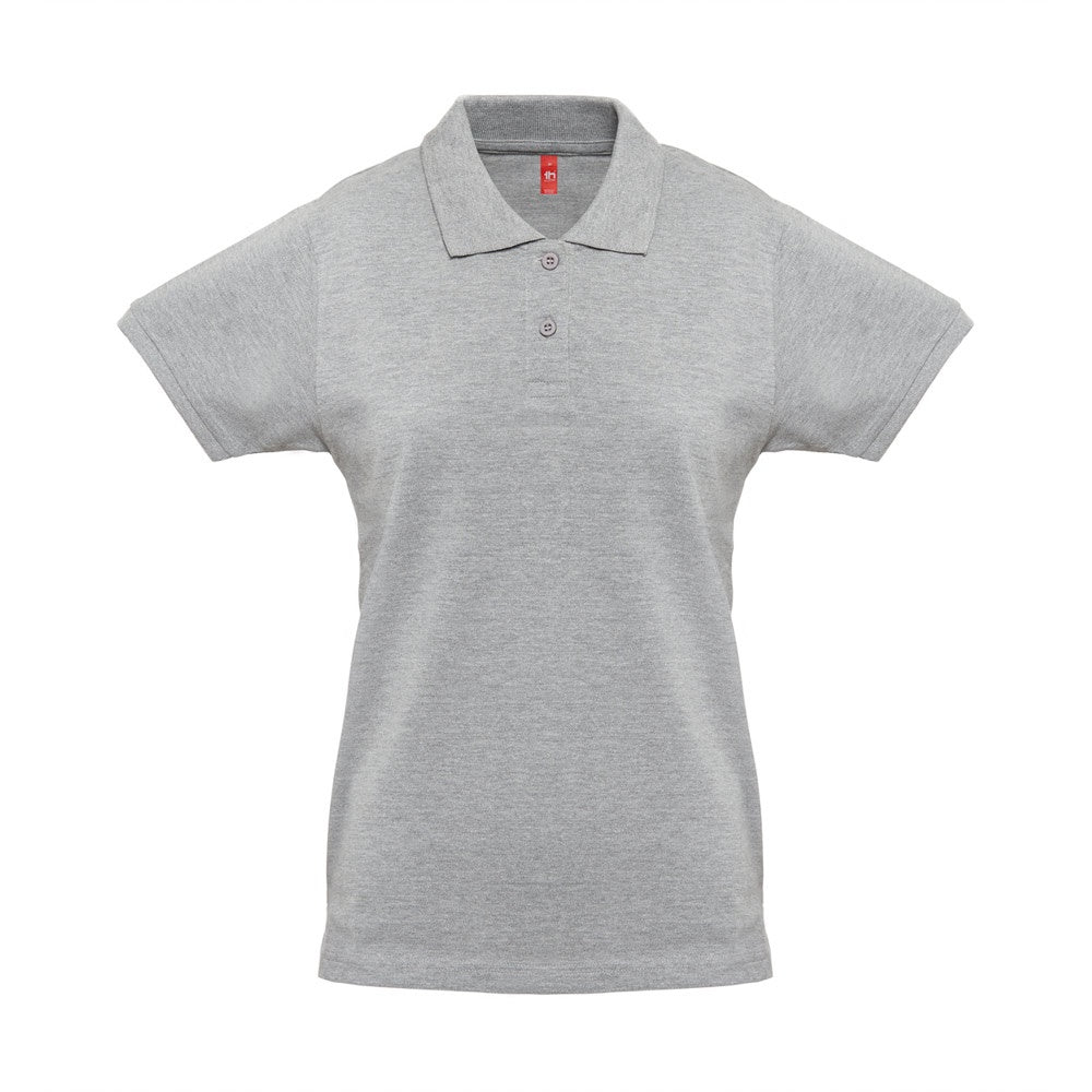 THC MONACO WOMEN promotional polo shirt in heather light grey (detail view) with custom logo branding