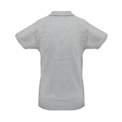 THC MONACO WOMEN promotional polo shirt in heather light grey (detail view) with custom logo branding