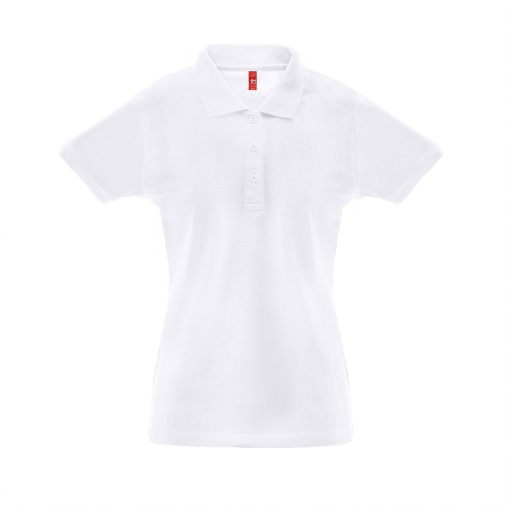 THC BERLIN WOMEN WH promotional polo shirt in white (detail view) with custom logo branding